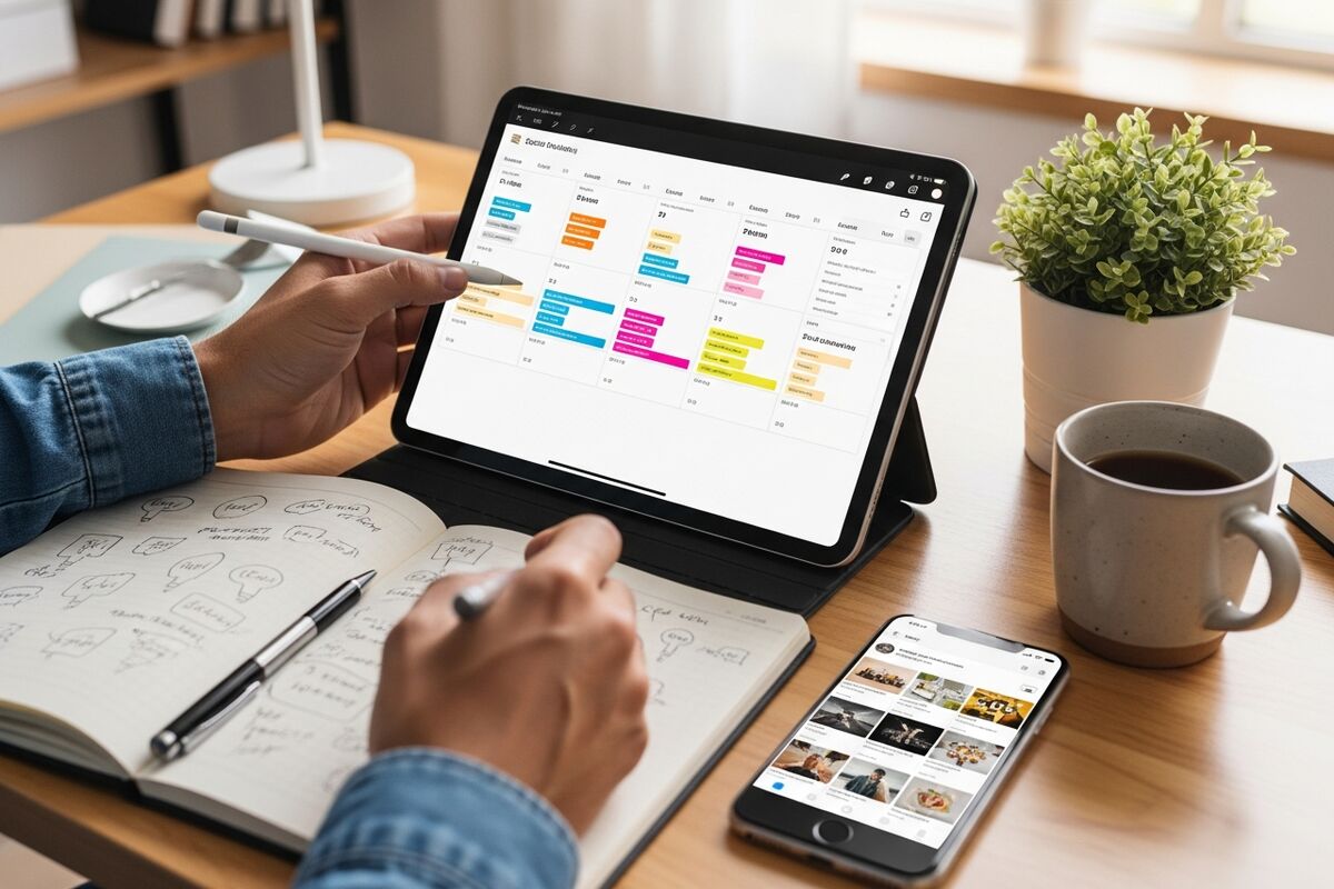 Marketing team planning a social media content calendar